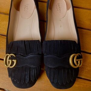 Gucci Black Suede Flats with Gold Double G